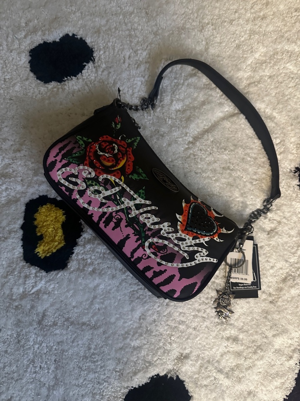 ED HARDY Black & Pink Floral Embellished Mini Shoulder Bag